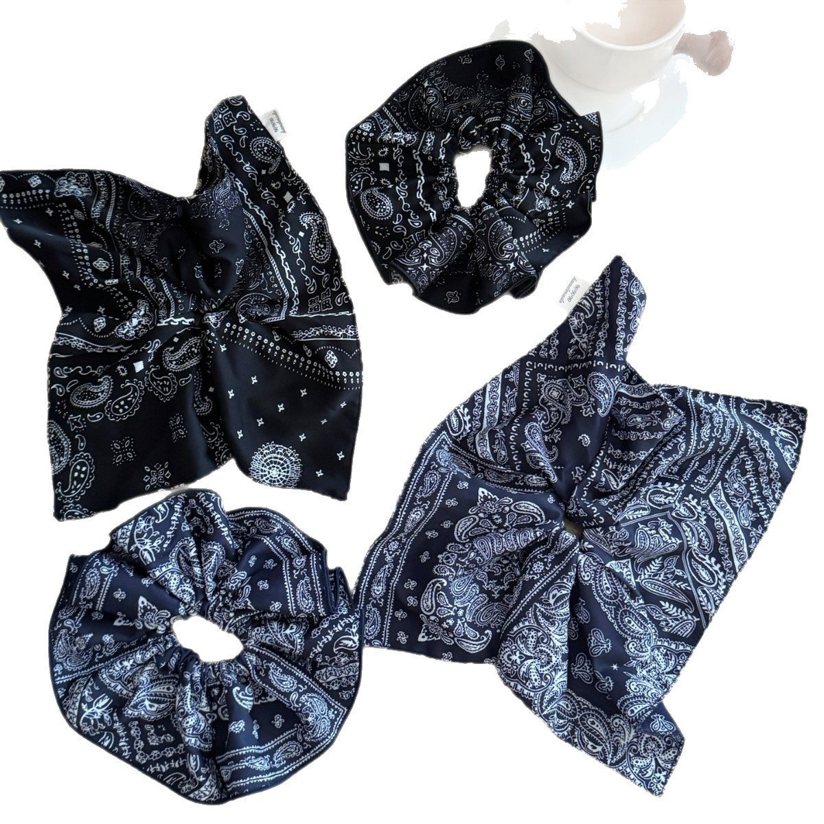 Women's Oversized Silk Scarf Hair Scrunchie Retro Black Nut Flower