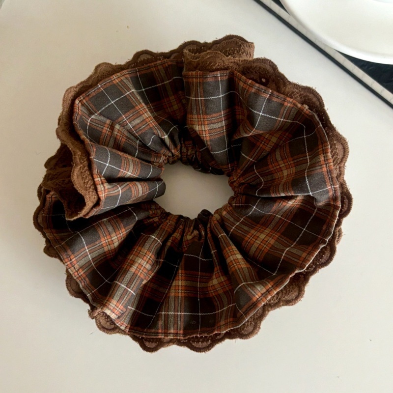 Women's Autumn Maillard Lace Cloth Hair Scrunchie Coffee Black Plaid