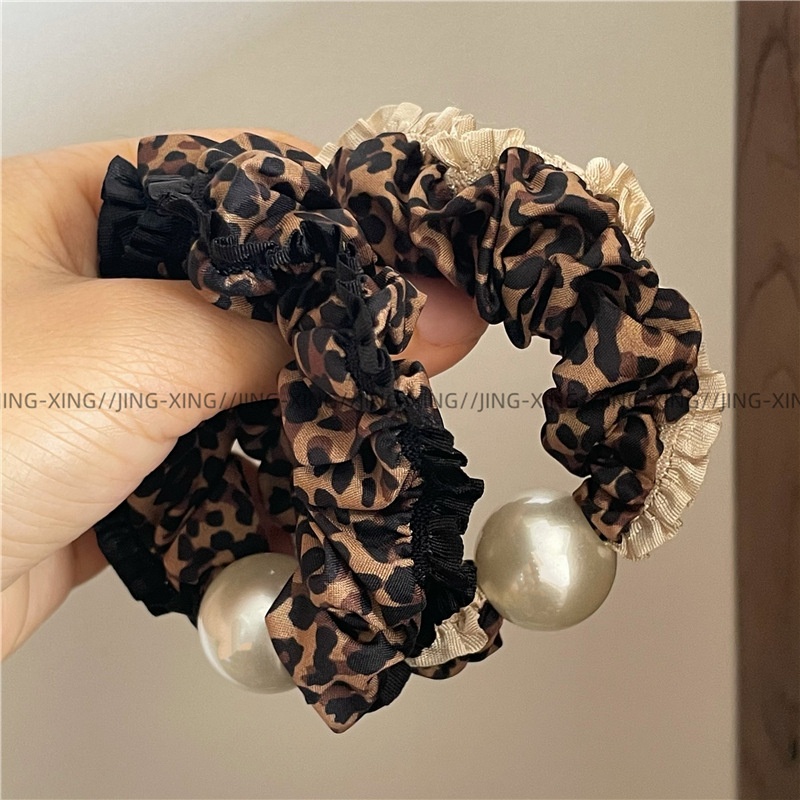 Women's Retro Lace Leopard Print Pearl Beaded Pleated Elastic Hair Ties