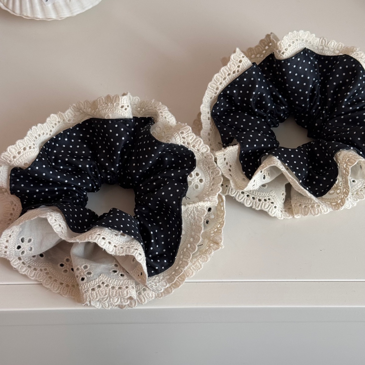 Women's Winter Cloth Hair Tie Accessory Black And White Polka Dot Lace