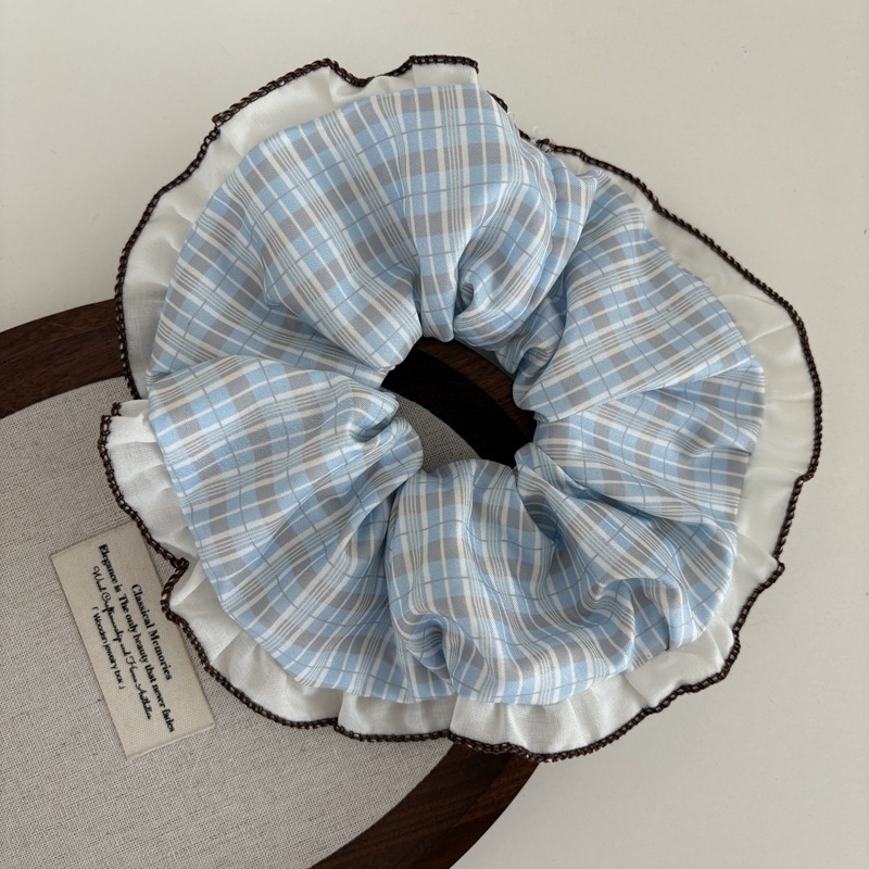 Women's Cloth Lace Scrunchie Ponytail Holder Blue Coffee Striped Plaid