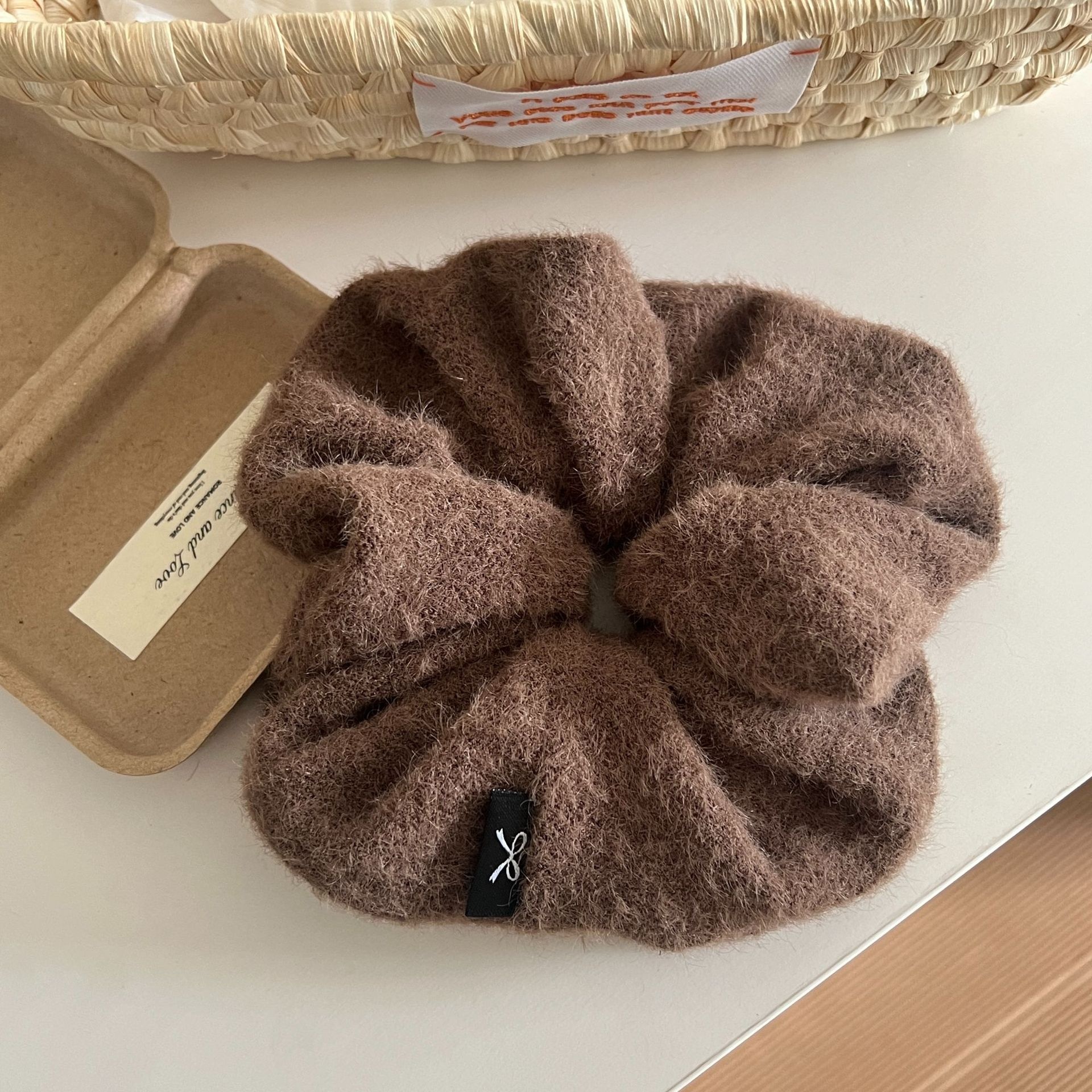 Women's Autumn Winter Plush Bowknot Hair Tie Scrunchie Brown Grey Black