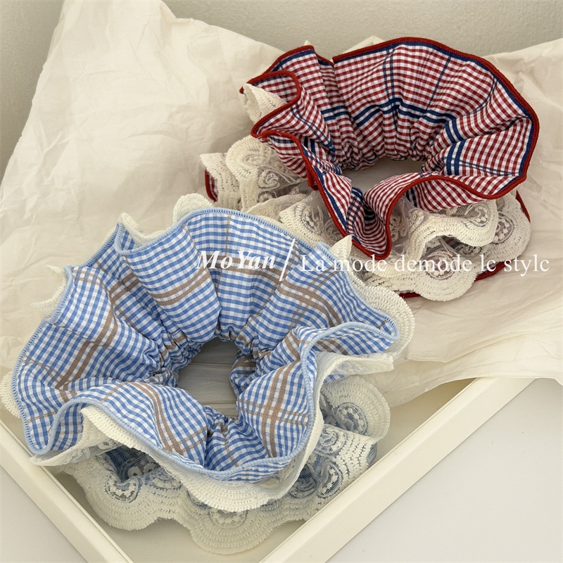 Women's Plaid Lace Patchwork Hair Tie Chic Red Blue Checkered Cloth Scrunchie