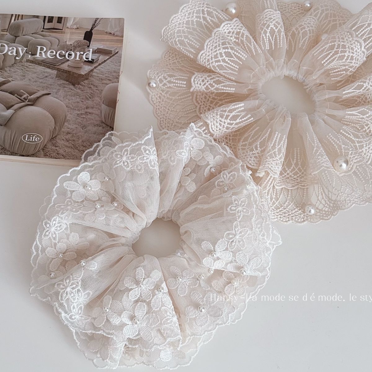 Women's Sweet Spring Soft Cloth Hair Tie Beige Floral Pearl Lace