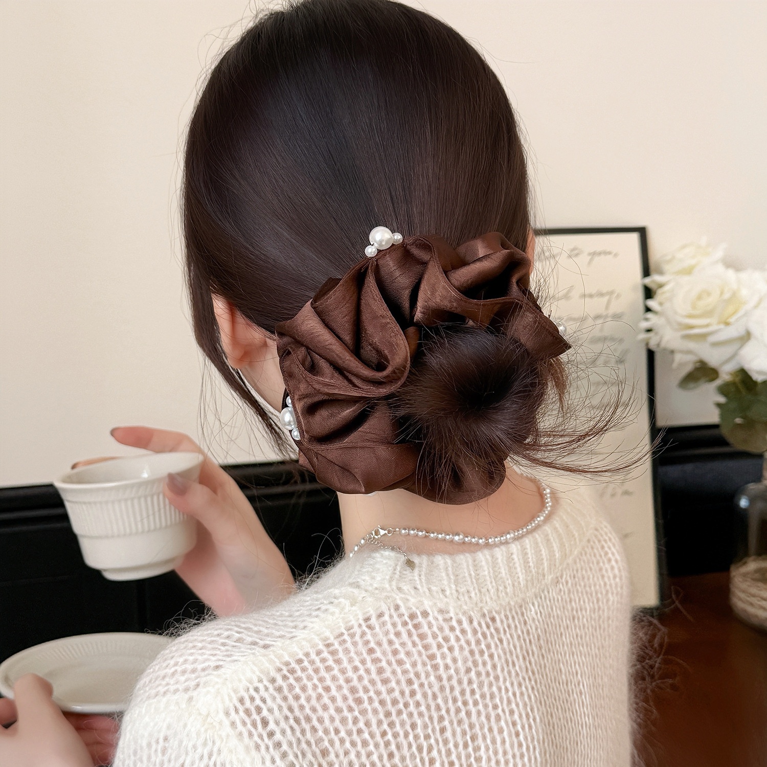 Women's Elegant Satin Pearl Pleated Flower Hair Tie Elastic Bun Band