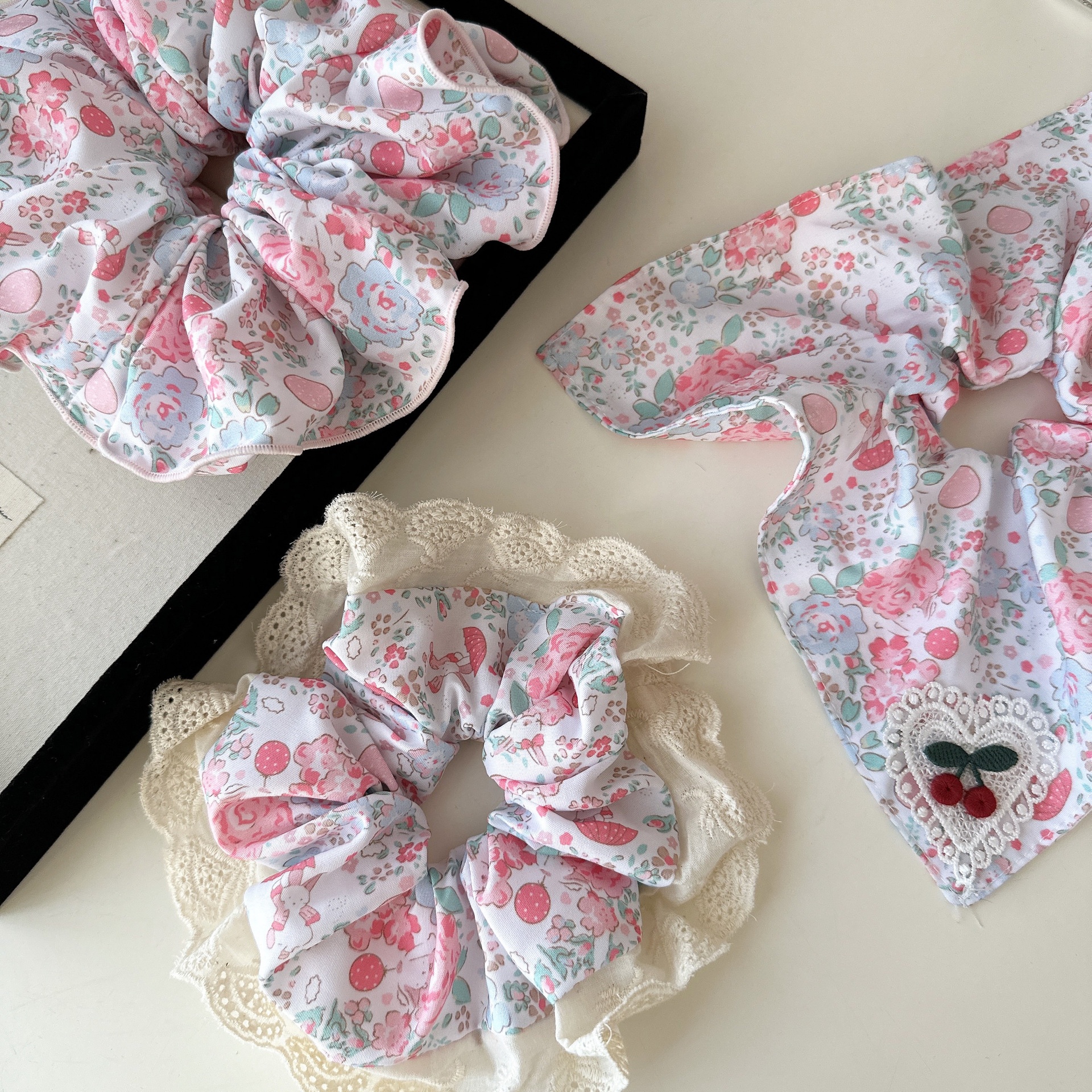 Women's Spring Summer Sweet Cloth Hair Tie Pink Cherry Floral Lace