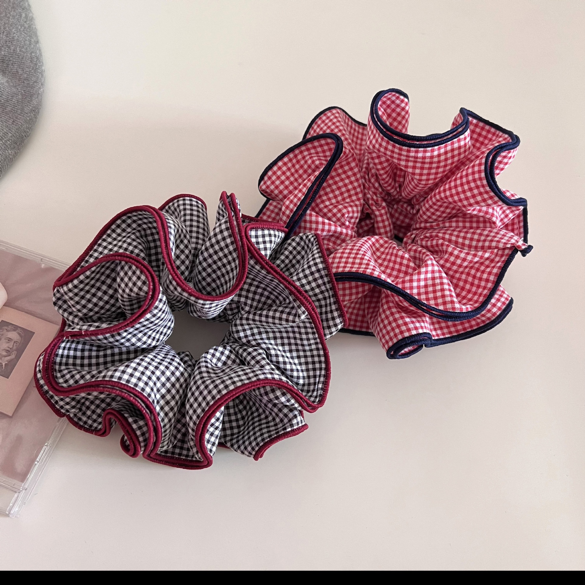 Women's Four-Layer Cloth Ball Hair Tie Hairband Color-Block Plaid