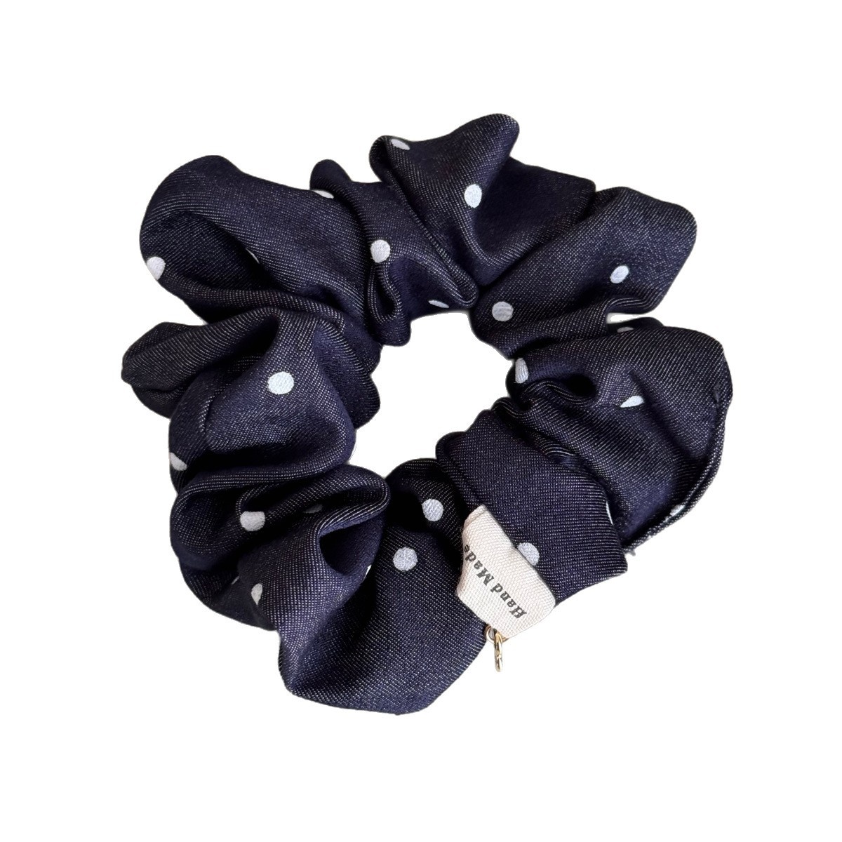Women's Elegant Denim Cloth Scarf Hair Tie Dark Blue Polka Dot