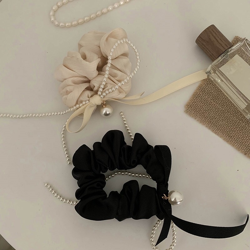 Women's French Pearl Cloth Elastic Hair Bun Tie Beige Black Bowknot