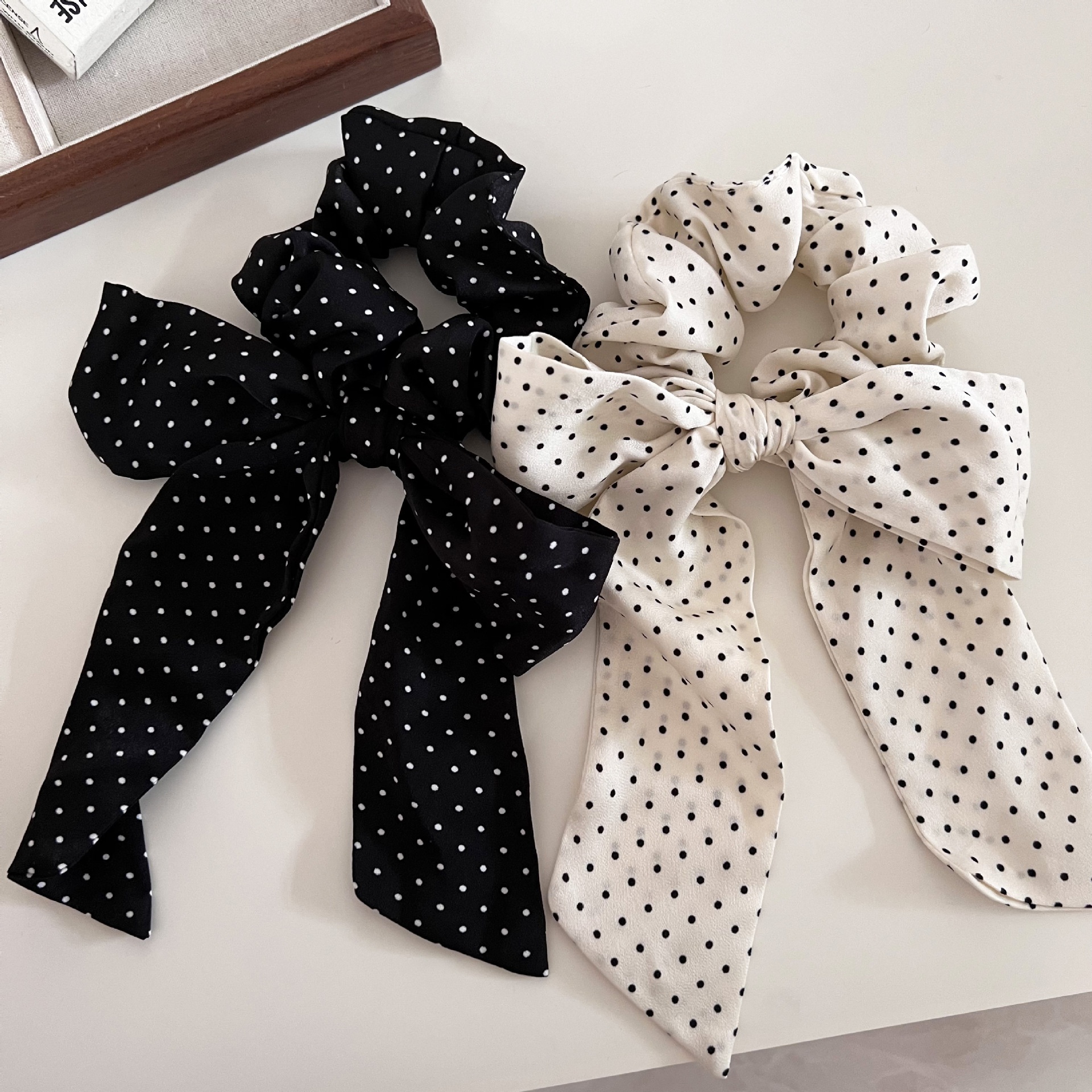 Women's Cloth Low Ponytail Elastic Hair Tie Beige Black Polka Dot Bow