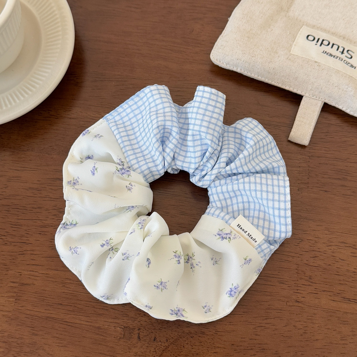 Women Spring Preppy Lace Fabric Hair Tie Scrunchie Blue Yellow Plaid