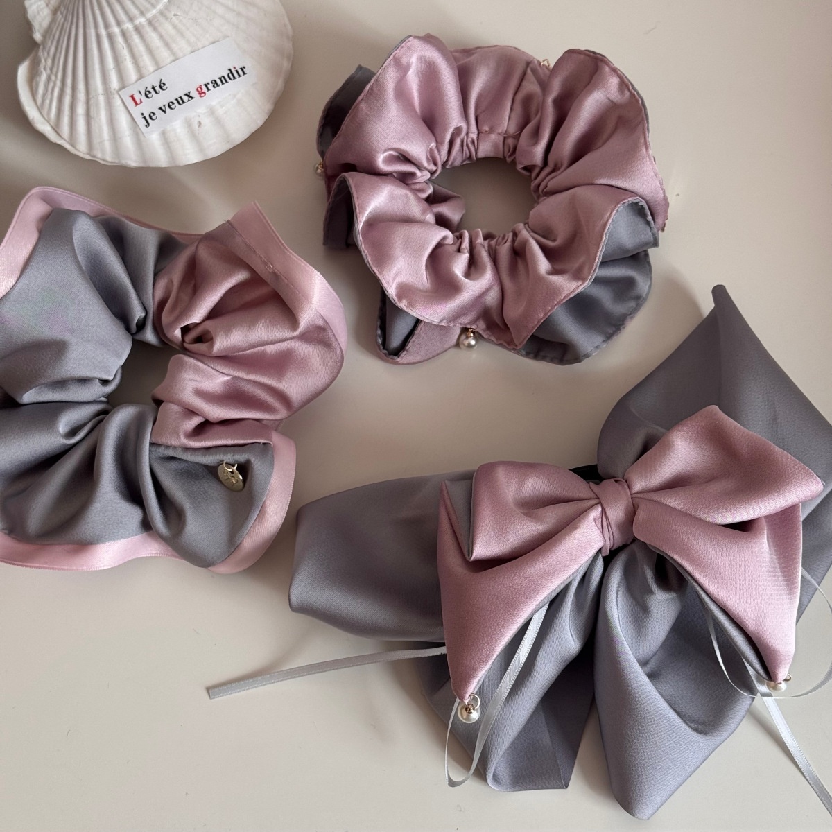 Women's Winter Satin Scrunchie Hair Tie Grey & Pink Color Block
