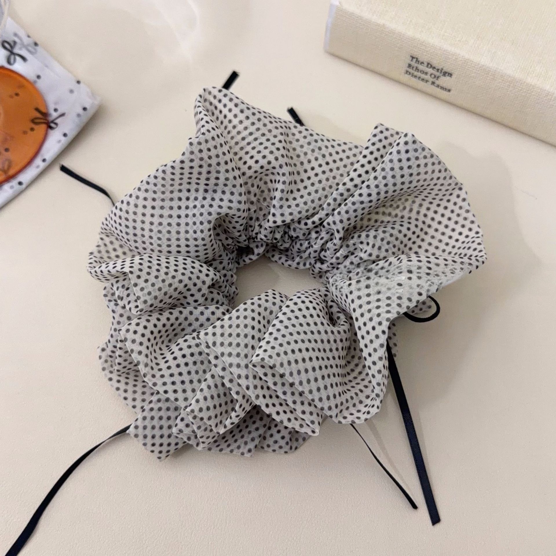 Women's All-Season Gauze Hair Scrunchie Beige Polka Dots Bow Knot
