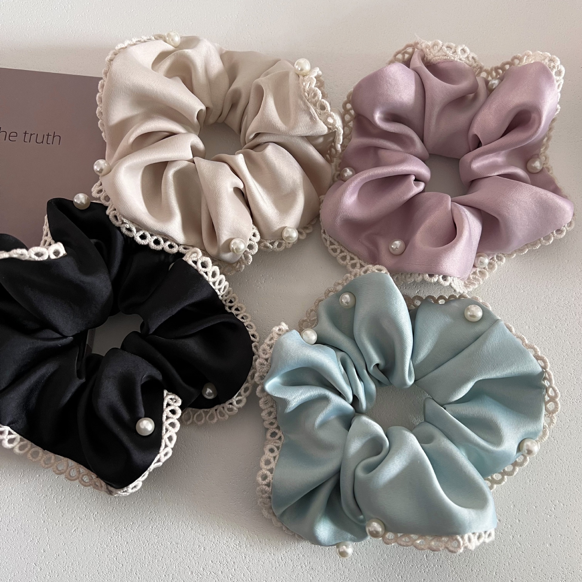 Women's Satin Pearl Lace Bow Elastic Hair Tie For Low Ponytail Solid Color
