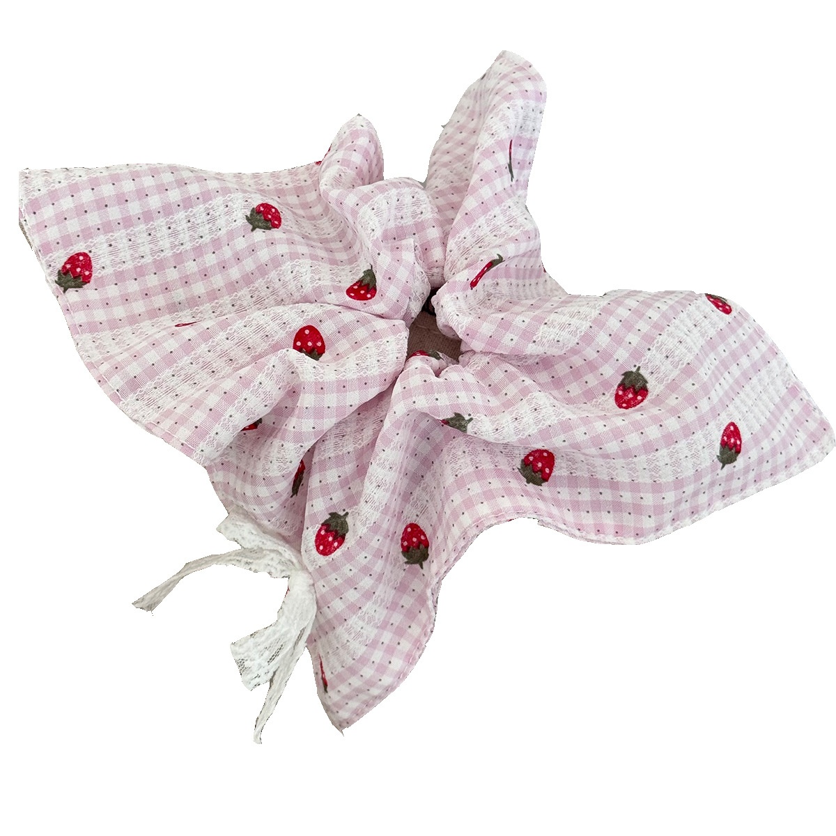 Women's Sweet Strawberry Plaid Lace Bow Scarf Hair Tie Cloth Ponytail Band