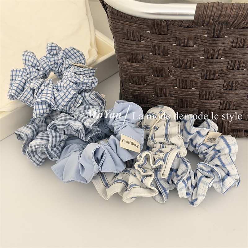 Women's All Season Cloth Hair Scrunchies Blue White Checkered Plaid
