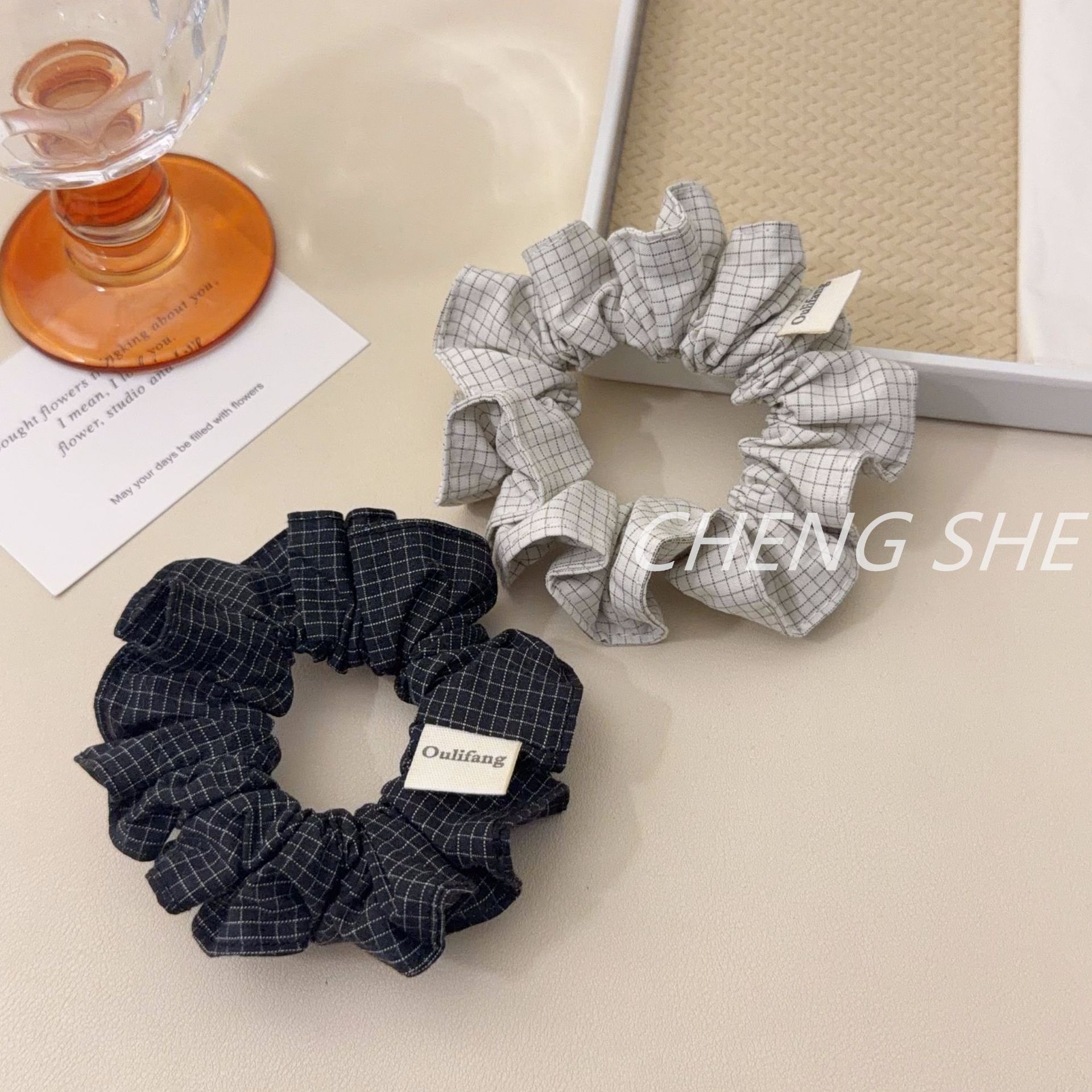 Women's Vintage Soft Cloth Hair Tie Spring Season Accessory Black Plaid