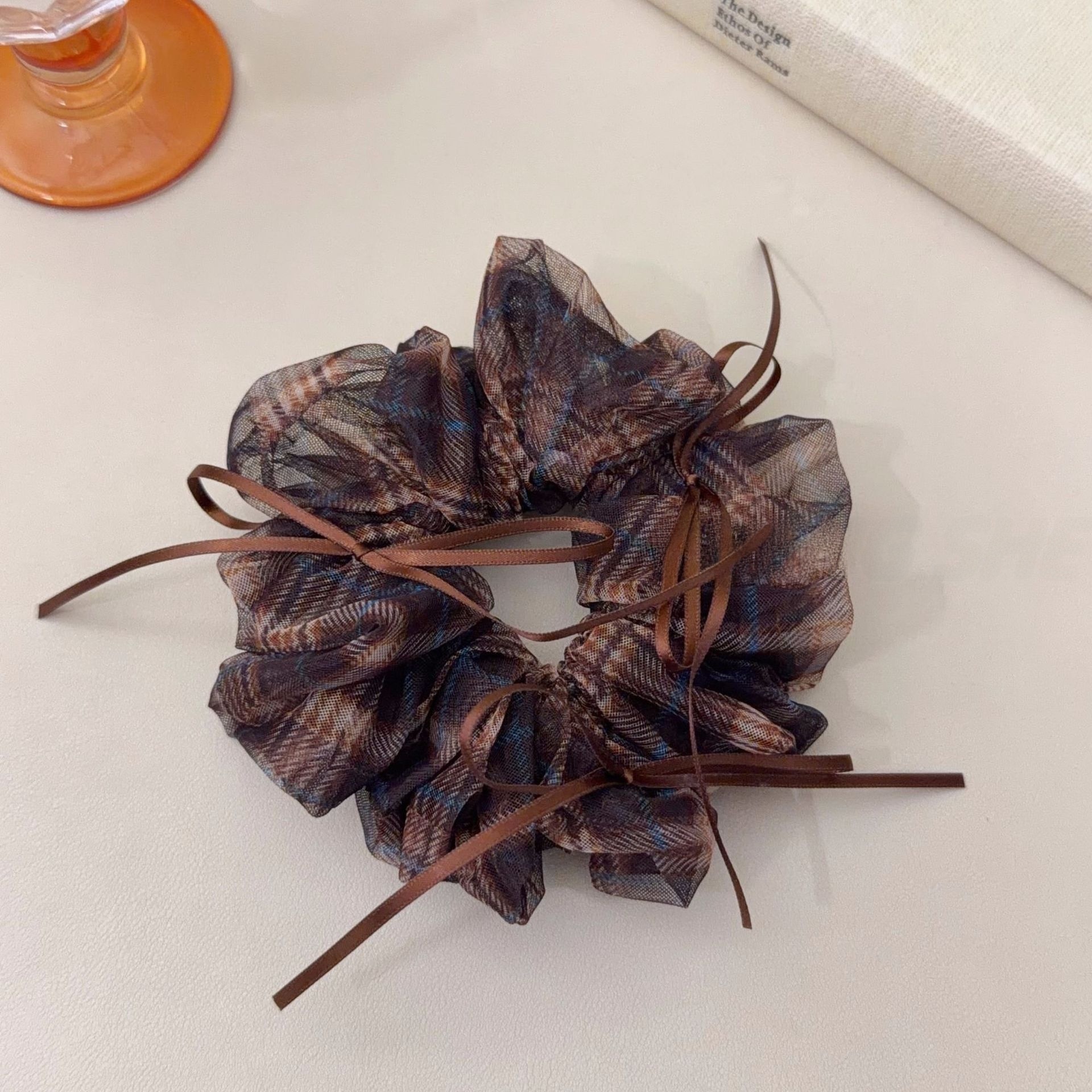 Women's Preppy Organza Bowknot Scrunchie Coffee Plaid Hair Tie