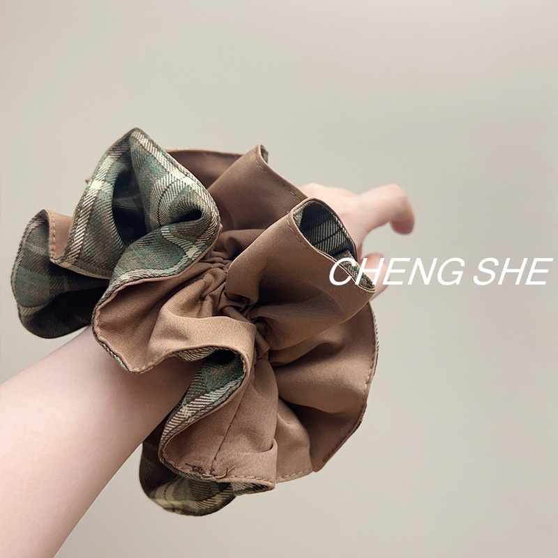 Women's Large Cloth Elastic Bun Hair Scrunchie Double Layer Plaid