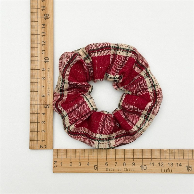Women's High Elasticity Bun Hair Tie Festive Red Plaid Fabric Hairband