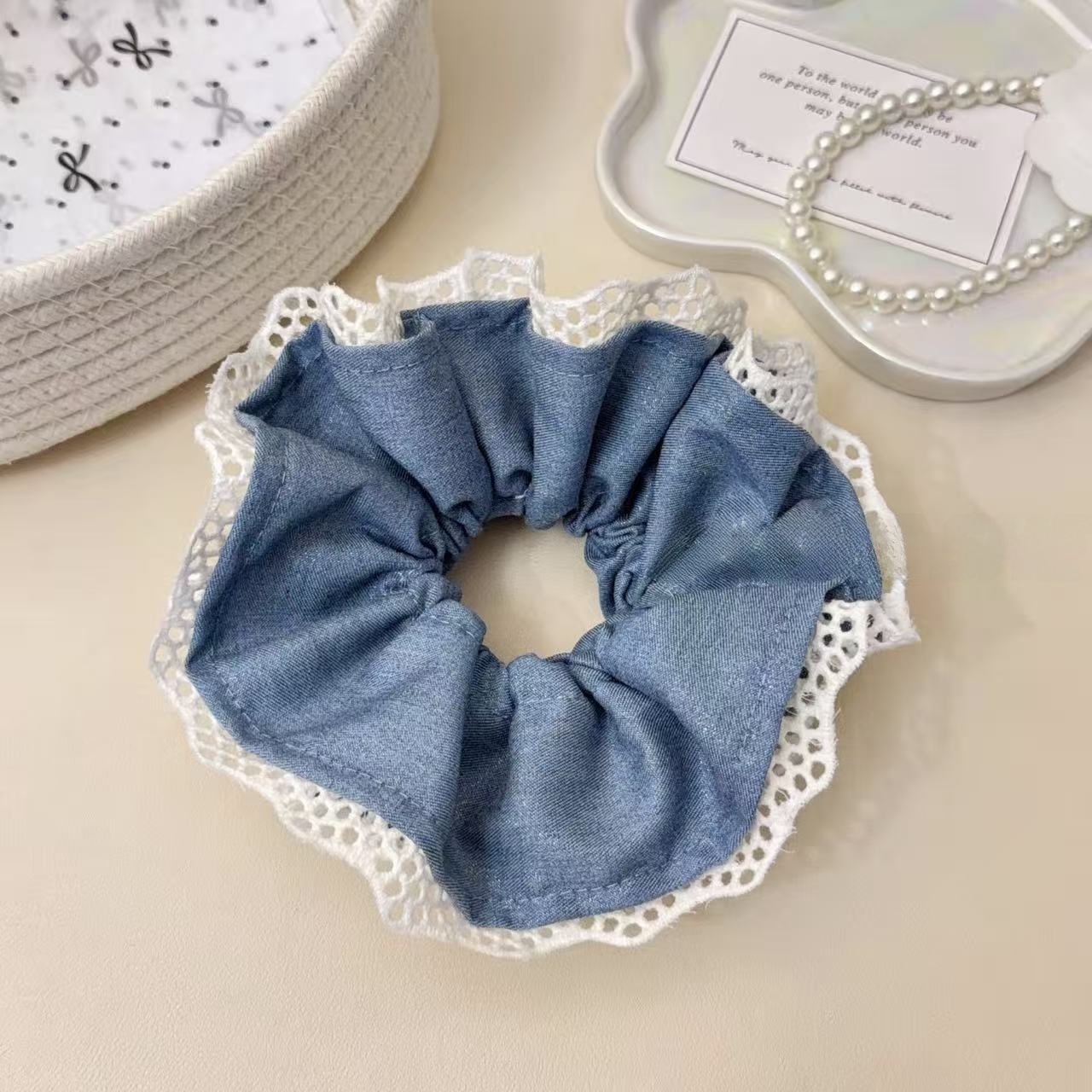 Women's Spring Lace Cloth Hair Tie Scrunchie Grey And Black Splicing