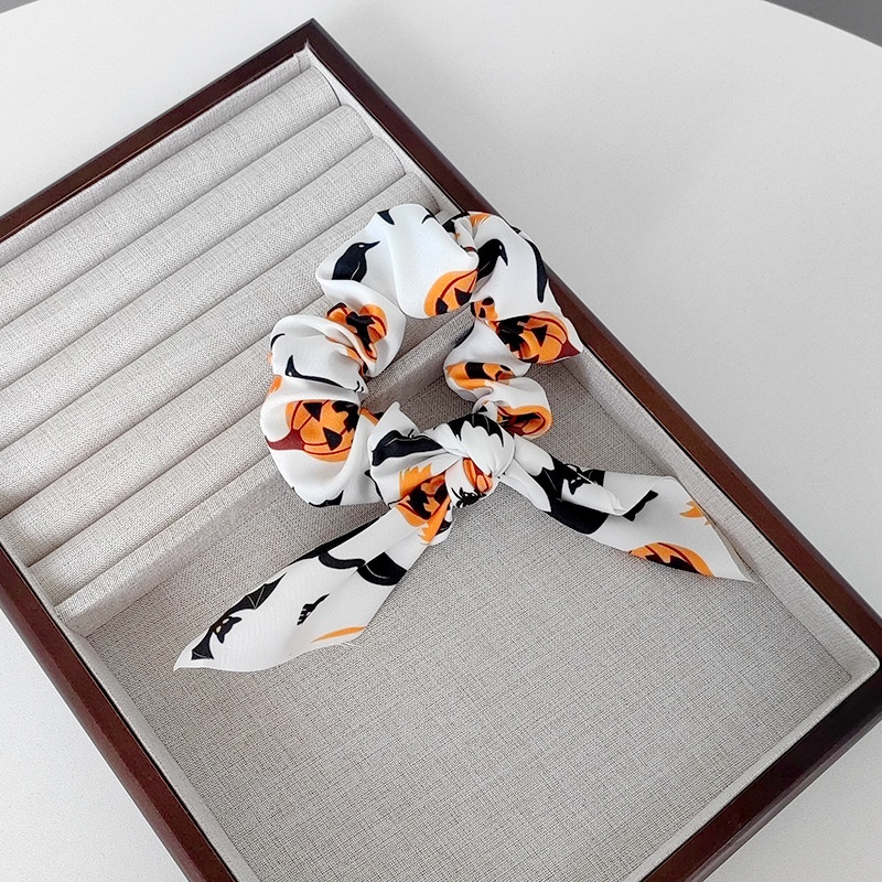 Women's Retro Large Bow Hair Tie Halloween Pumpkin Ghost Bat Print Fabric Art