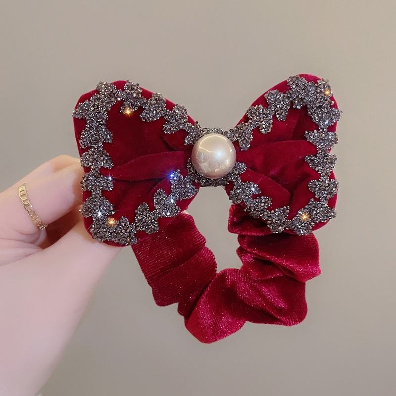 Women's Winter Velvet Rhinestone Elastic Hair Tie Bowknot Wine Red Black