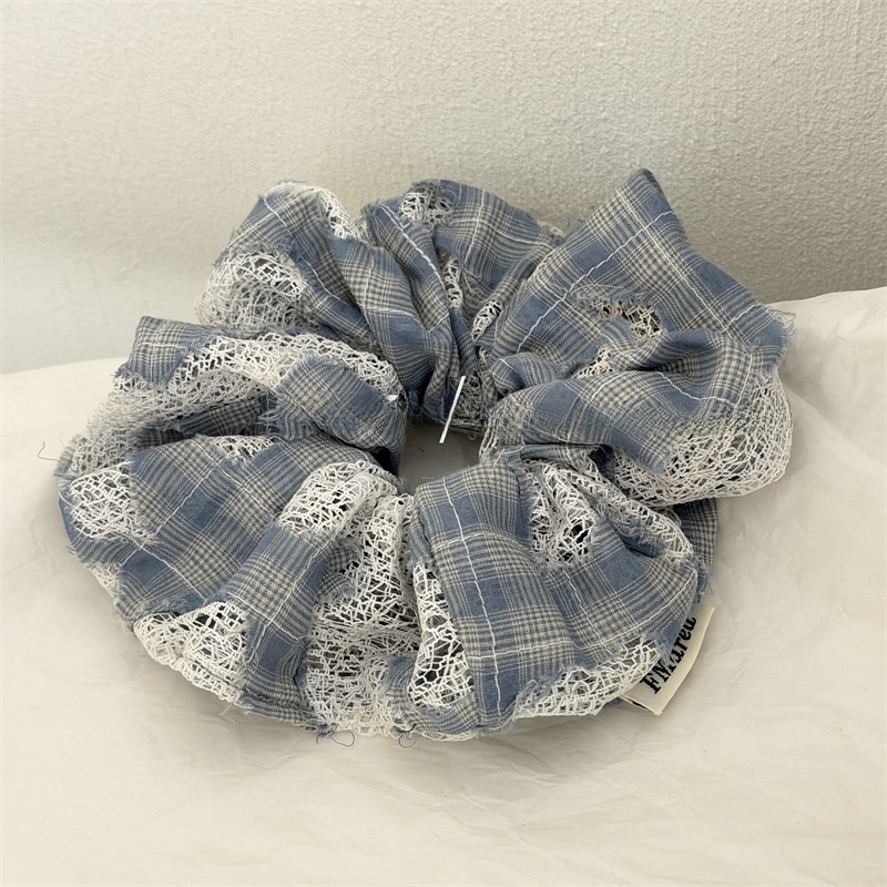 Women's Soft Cloth Spring Telephone Cord Hair Scrunchie Blue Plaid