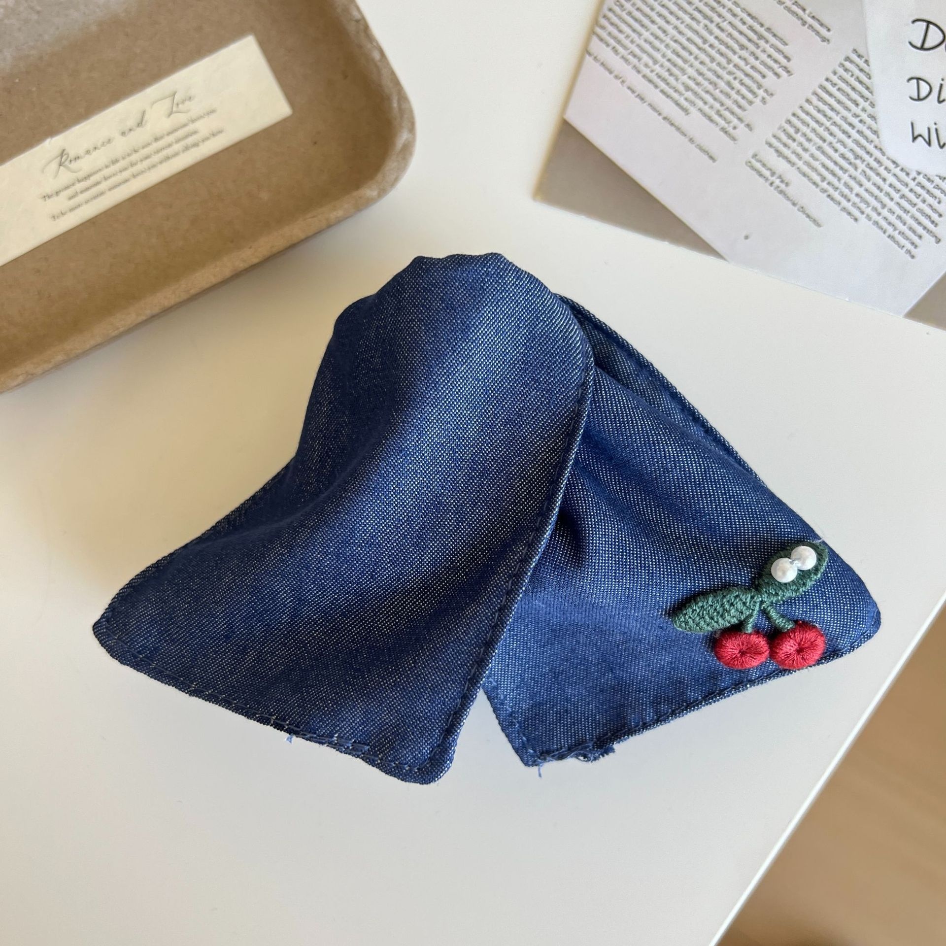 Women's Casual Denim Scrunchie Hair Accessory Cherry Embroidery