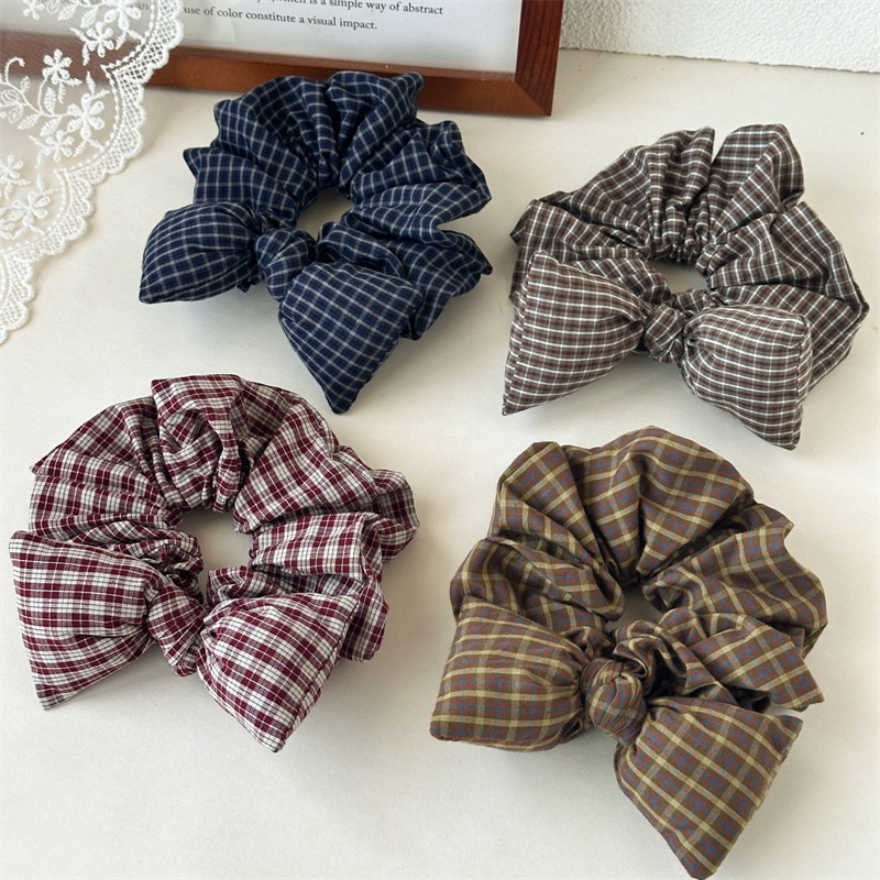 Women's Large Retro Plaid Bowknot Hair Tie Preppy Fabric Elastic Band