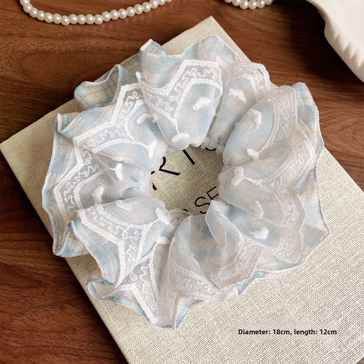 Women's Boho Summer Mesh Lace Bow Elastic Hair Tie Blue Heart Pattern