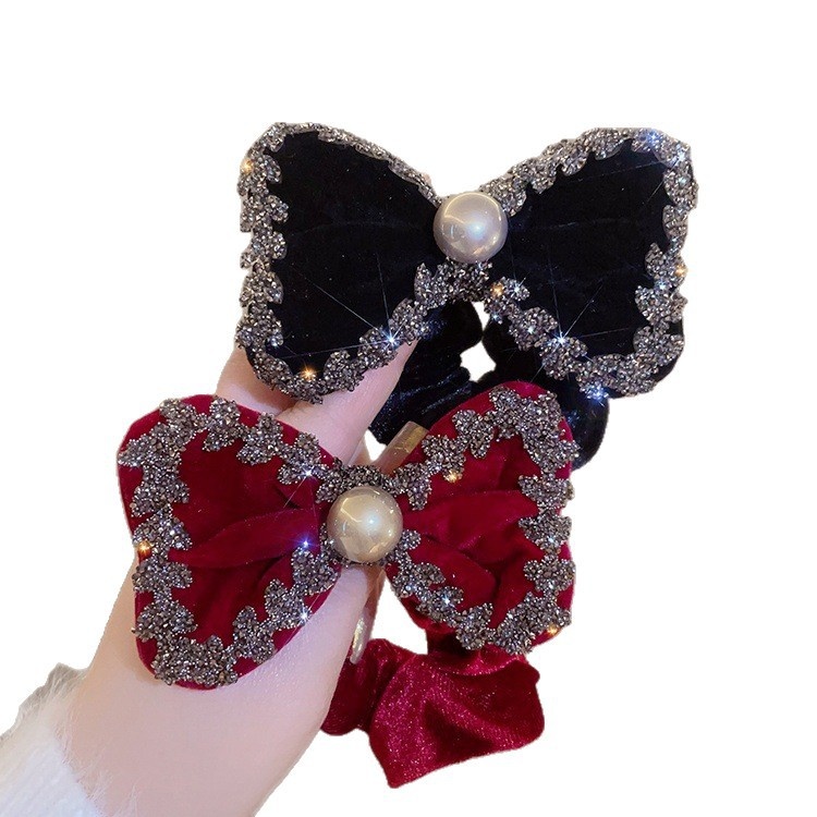 Women's Winter Velvet Rhinestone Elastic Hair Tie Bowknot Wine Red Black