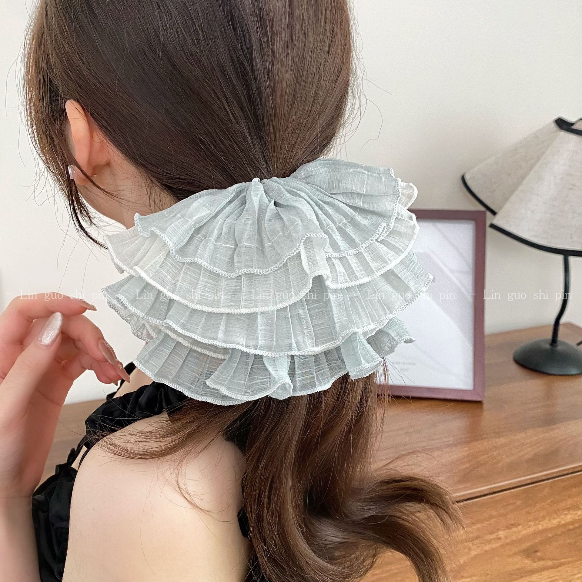 Women's Spring Soft Gauze Chiffon Hair Tie Sweet Pink Floral Lace