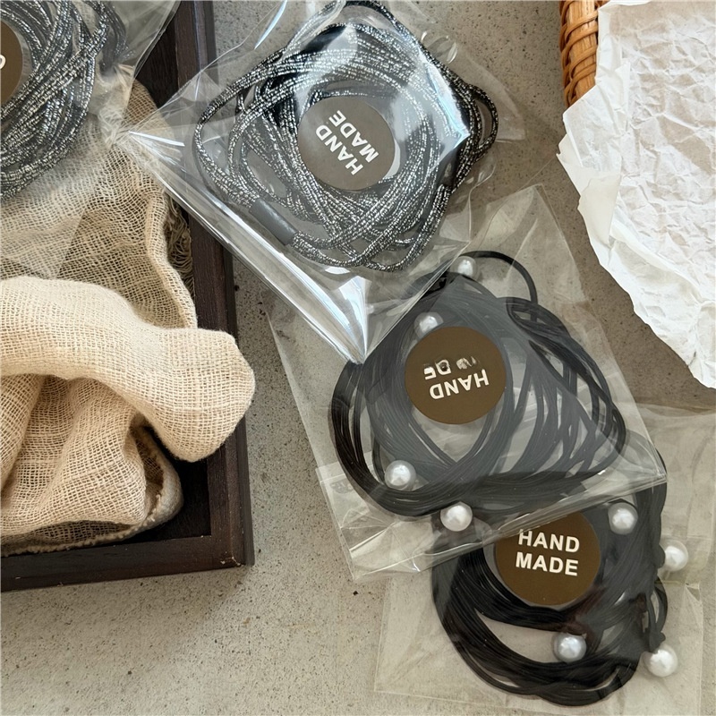 Women's Elastic Pearl Beaded Cloth Hair Ties Black Shiny Double Strand