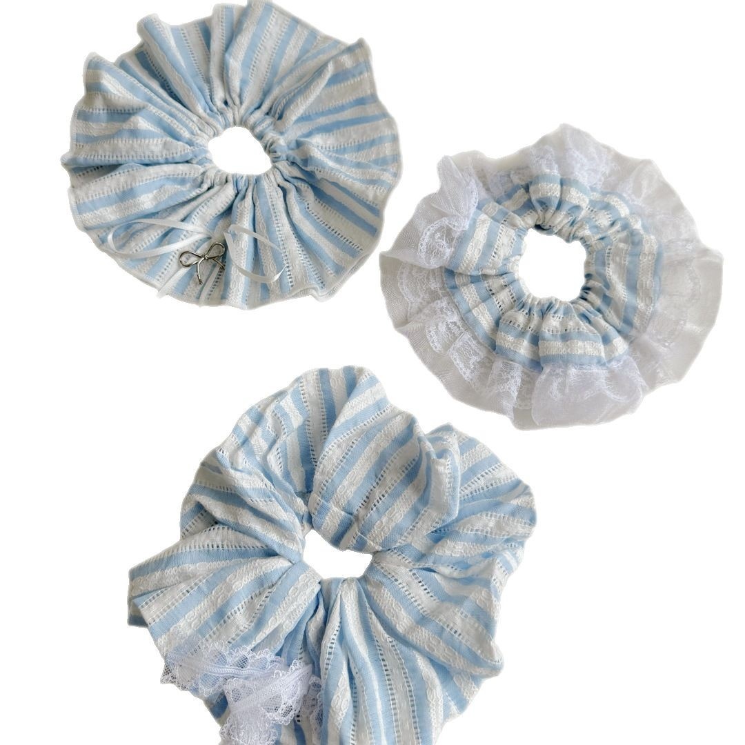 Women's Spring Summer Sweet Cloth Bow Knot Hair Tie Blue Plaid Lace