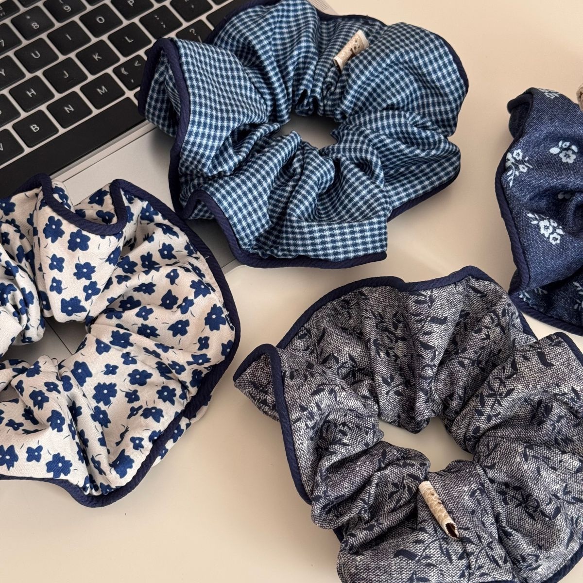 Women's French Style Cloth Spring Hair Tie Navy Blue Floral Plaid