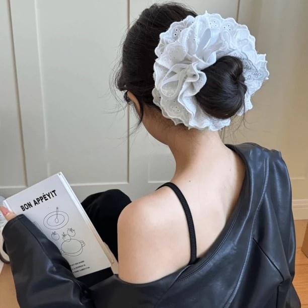 Women's Cloth Drawstring Bun Hair Tie Scrunchie Multi-layer Lace