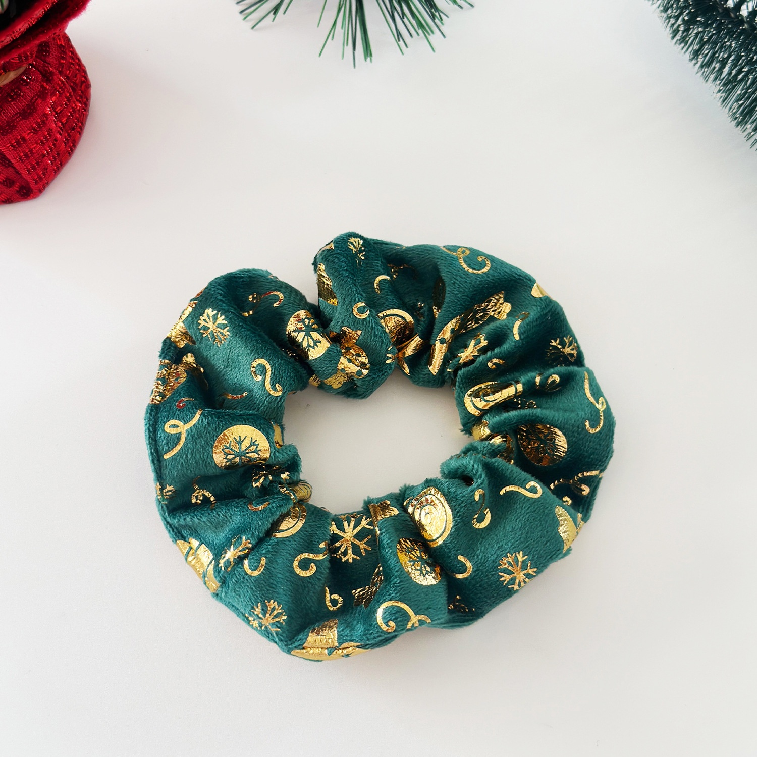 Women's Festive Velvet Hair Scrunchies Gold Embossed Christmas Tree