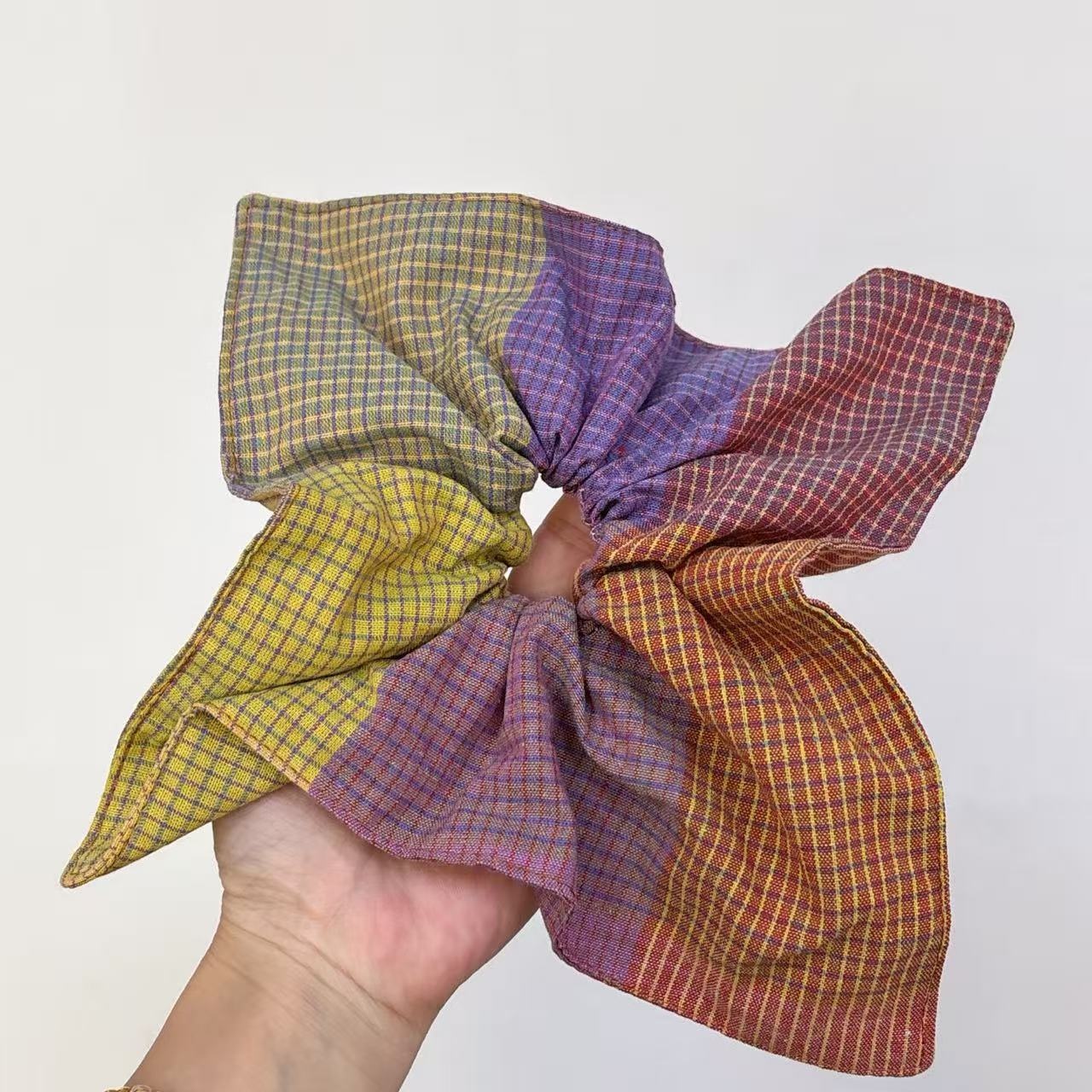 Women's Fabric Scarf Ponytail Hair Tie Artistic Red Purple Plaid