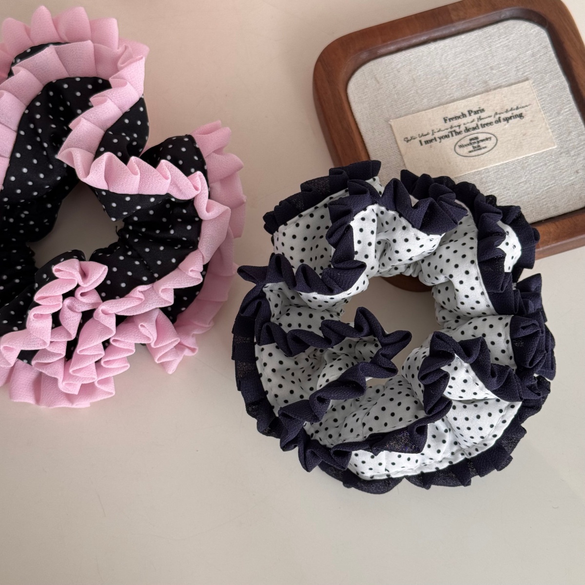 Women's Everyday Soft Cloth Scrunchie Hair Tie Pink Polka Dots Lace