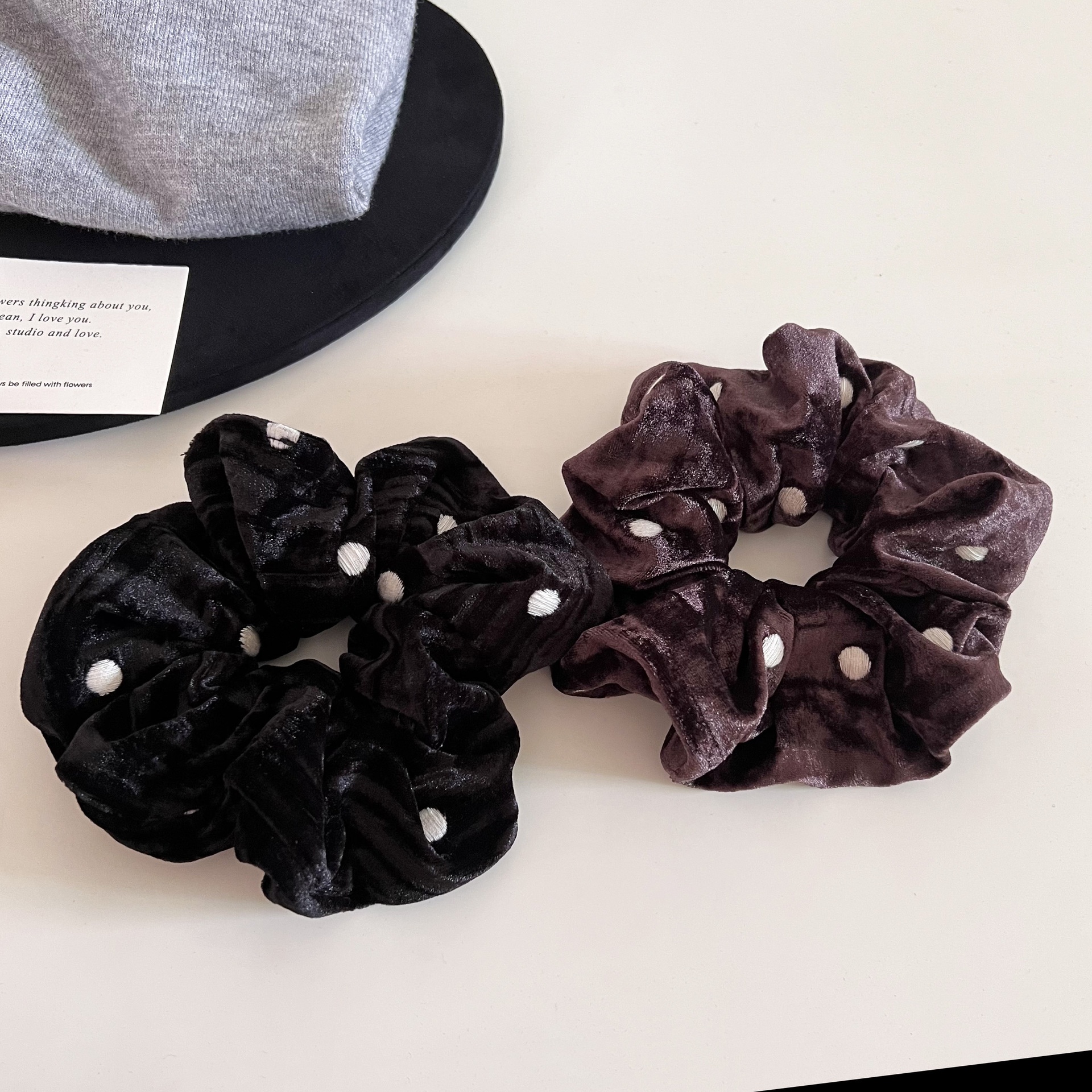 Women's Winter Velvet Ball Hair Tie For Elegant Bun Coffee Black Polka Dot