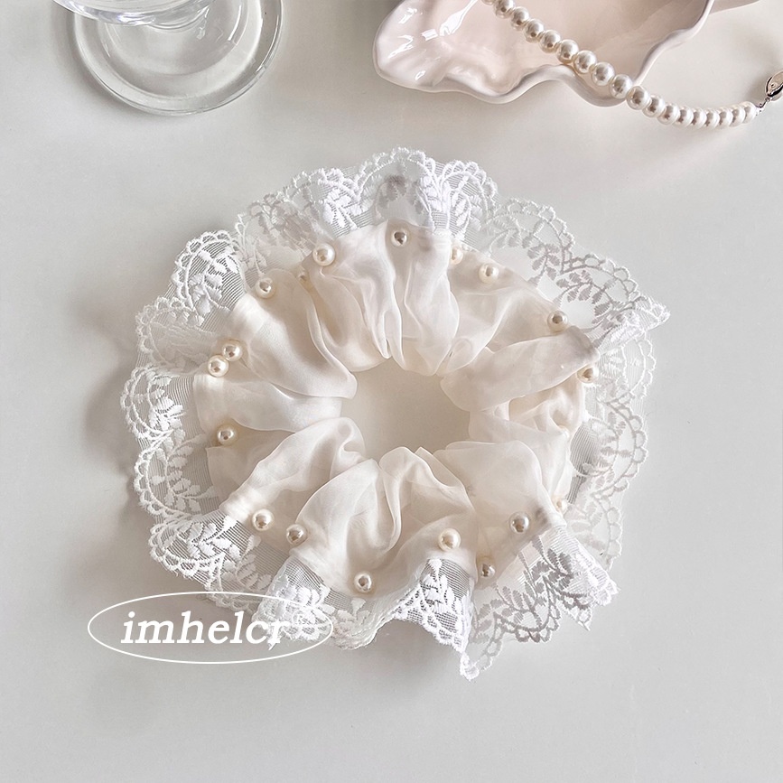 Women's Elegant Pearl Organza Spring Hair Scrunchie Black White Lace