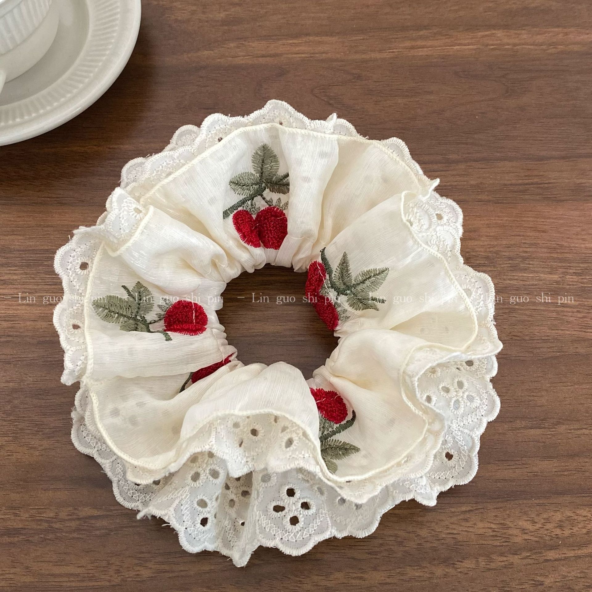 Women's Sweet Gauze Hair Tie White Cherry Pattern Lace Embroidery