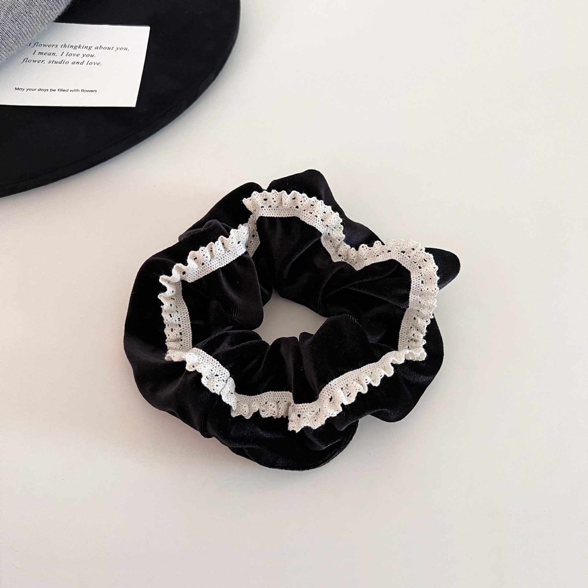 Women's French Lace Edge Velvet Hair Tie for Buns in Elegant Solid Colors