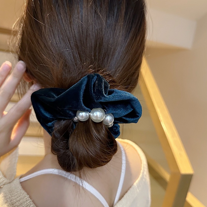 Women Elegant Velvet Pearl Hair Tie Coffee Lake Blue Black Wine Red