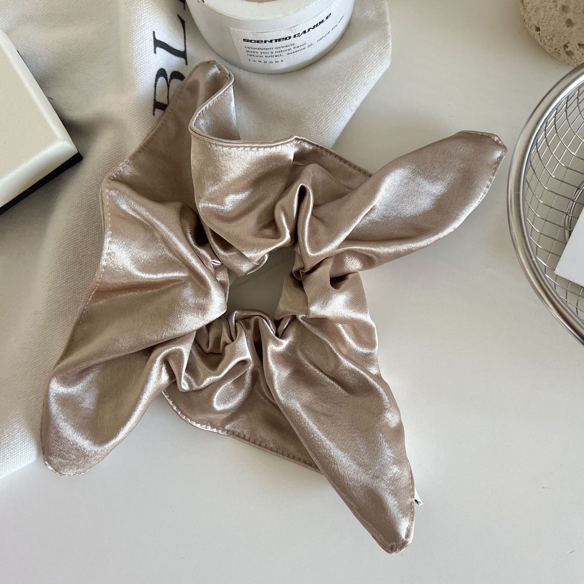 Women's Square Satin Hair Tie Daily Low Bun Accessory Solid Glossy Cream