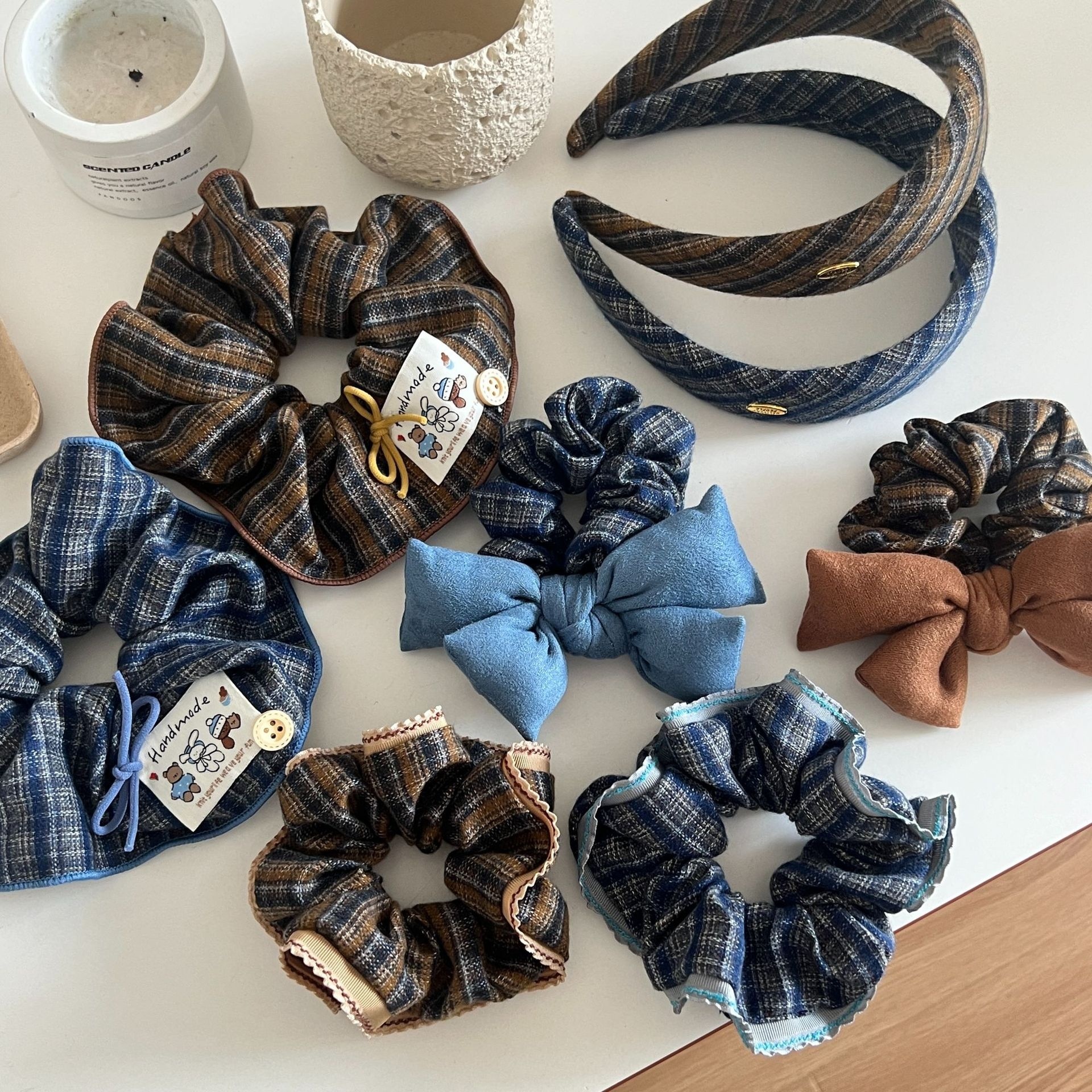 Women's Autumn Winter Cotton Large Bow Ponytail Hair Ties Plaid