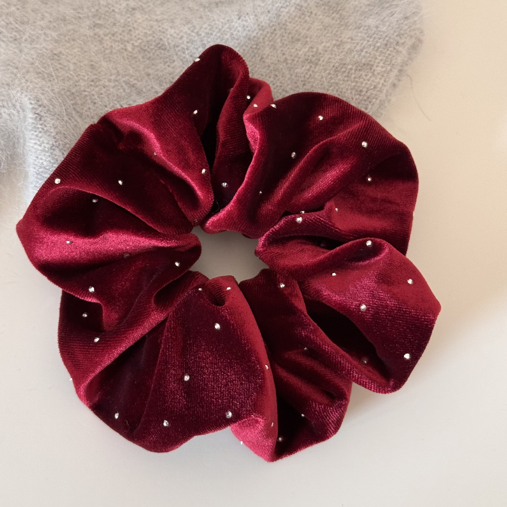 Women's New Year Velvet Pearl High Elastic Hair Band Solid Red