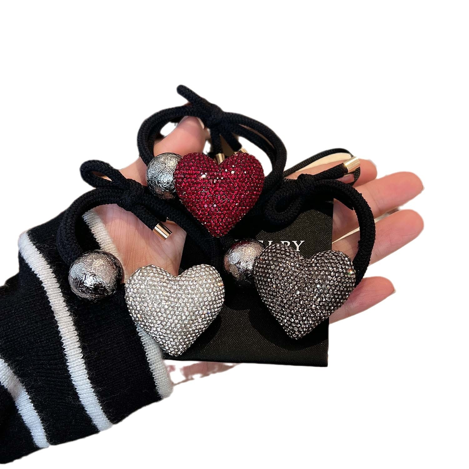 Women's Shiny Rhinestone Hair Tie Elegant Ponytail Holder Wine Red Heart