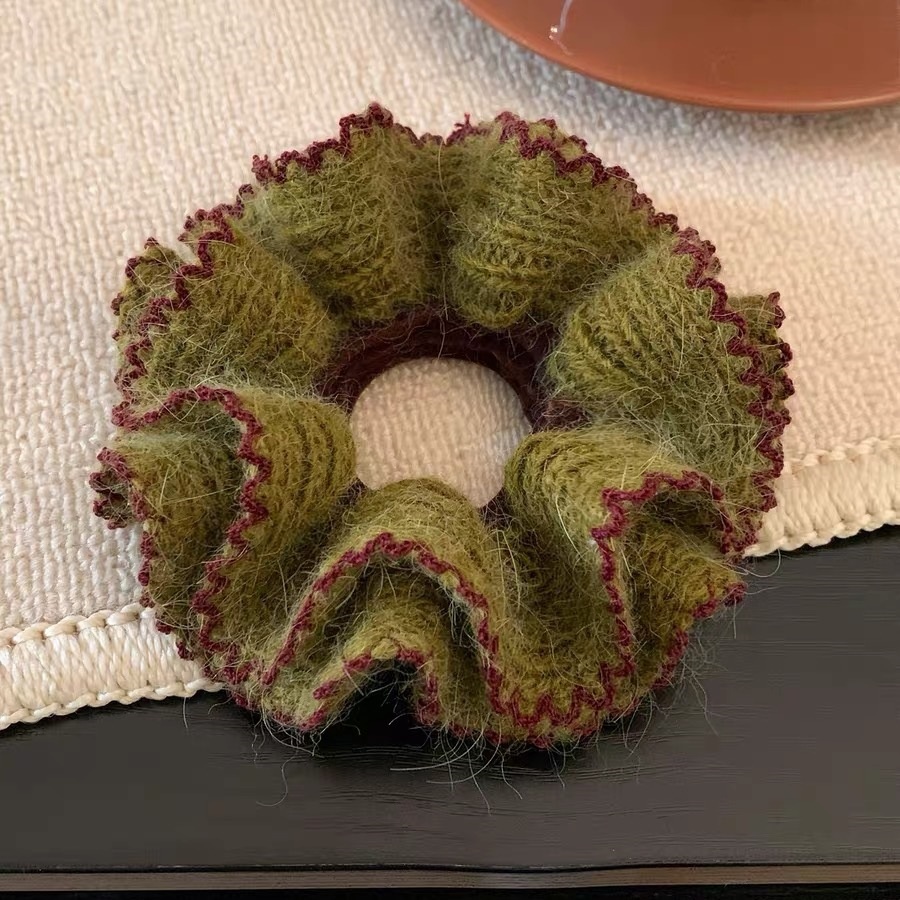 Women's Winter Knitted Woolen Hair Ties Double Layer Green Color Block